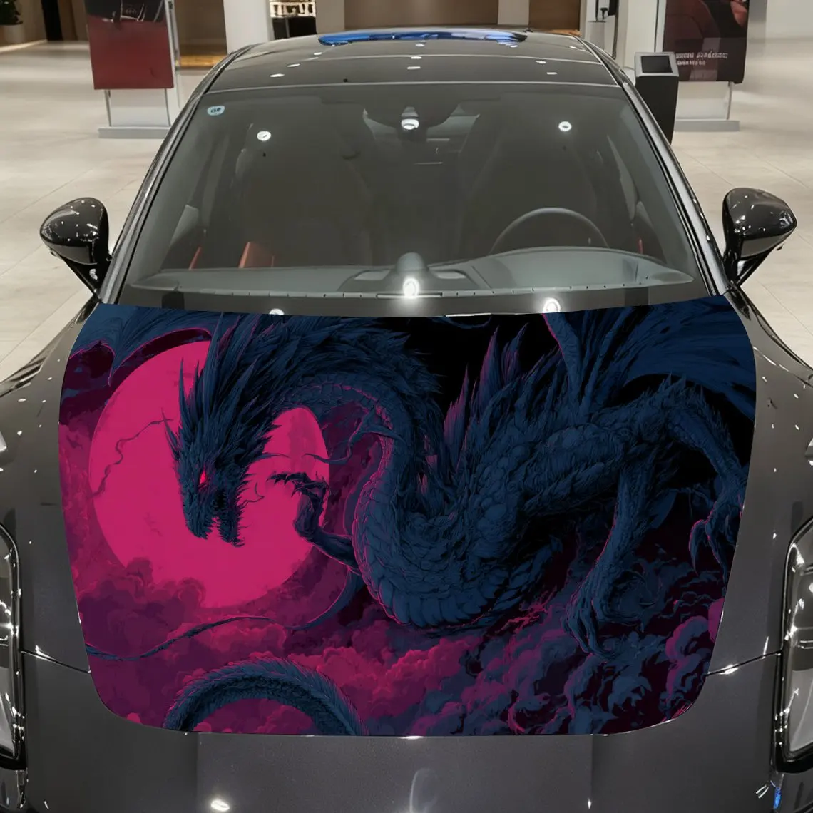 

Mysterious Dragon Burns Clouds Under Crimson Moon Car Vinyl Wrap, PVC Material Waterproof Car Hood Sticker, Self-Adhesive Scratc