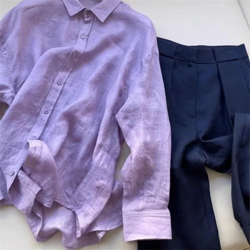 

Limiguyue Summer Thin Casual Linen Shirt Women Long Sleeve Loose Purple Blouses Breathable Basic Blouse Sun Protection Tops F920