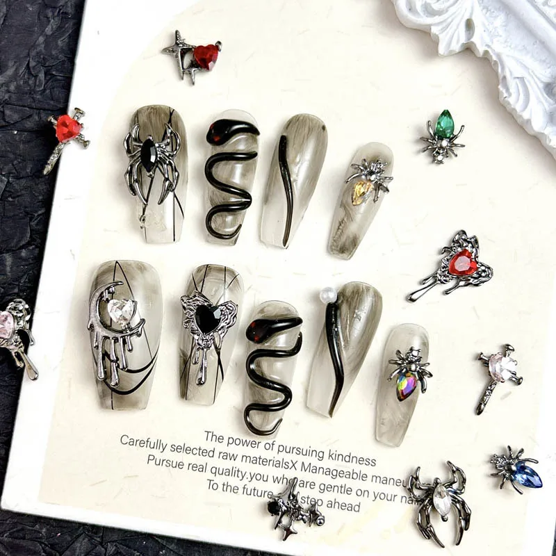 10PCS 3D Light Luxury Alloy Cross Heart Nail Charms with Shinny Glass Rhinestones Dark style Nail Art Decoration DIY Nail Crafts