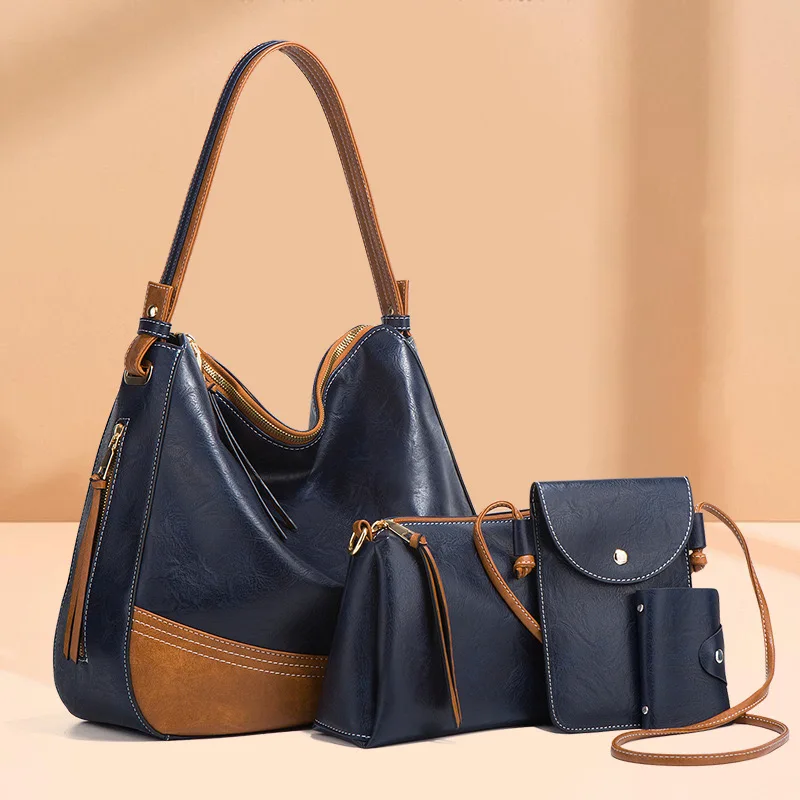 Simple Color-blocking Women's Handbag Set, Trendy, Large Capacity, New 4-pc, EU/US Style Shoulder/Crossbody Soft Bags.