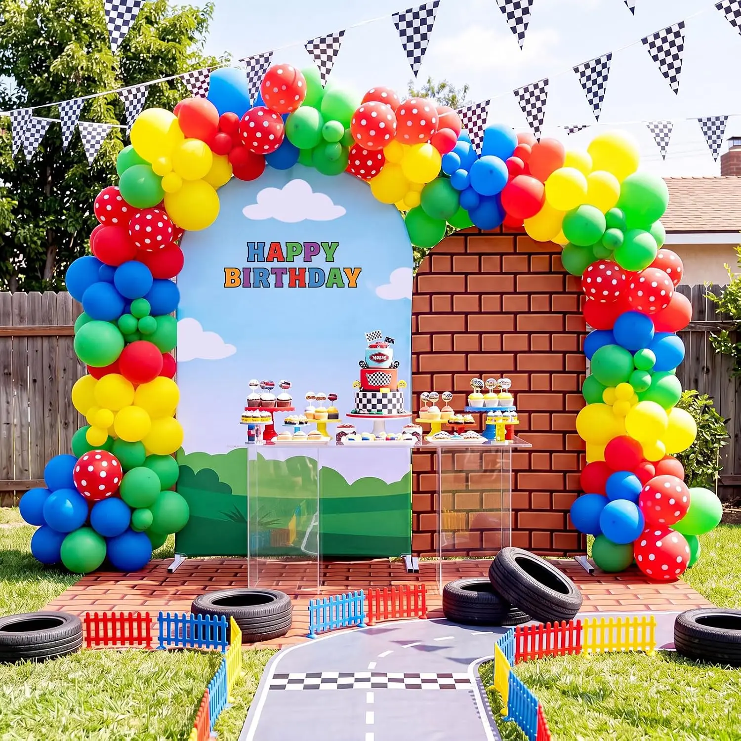 Custom 2-sided Video Game Arch Backdrop Covers Children Happy Birthday Party Background White Clouds Green Grass Blue Sky Shoot