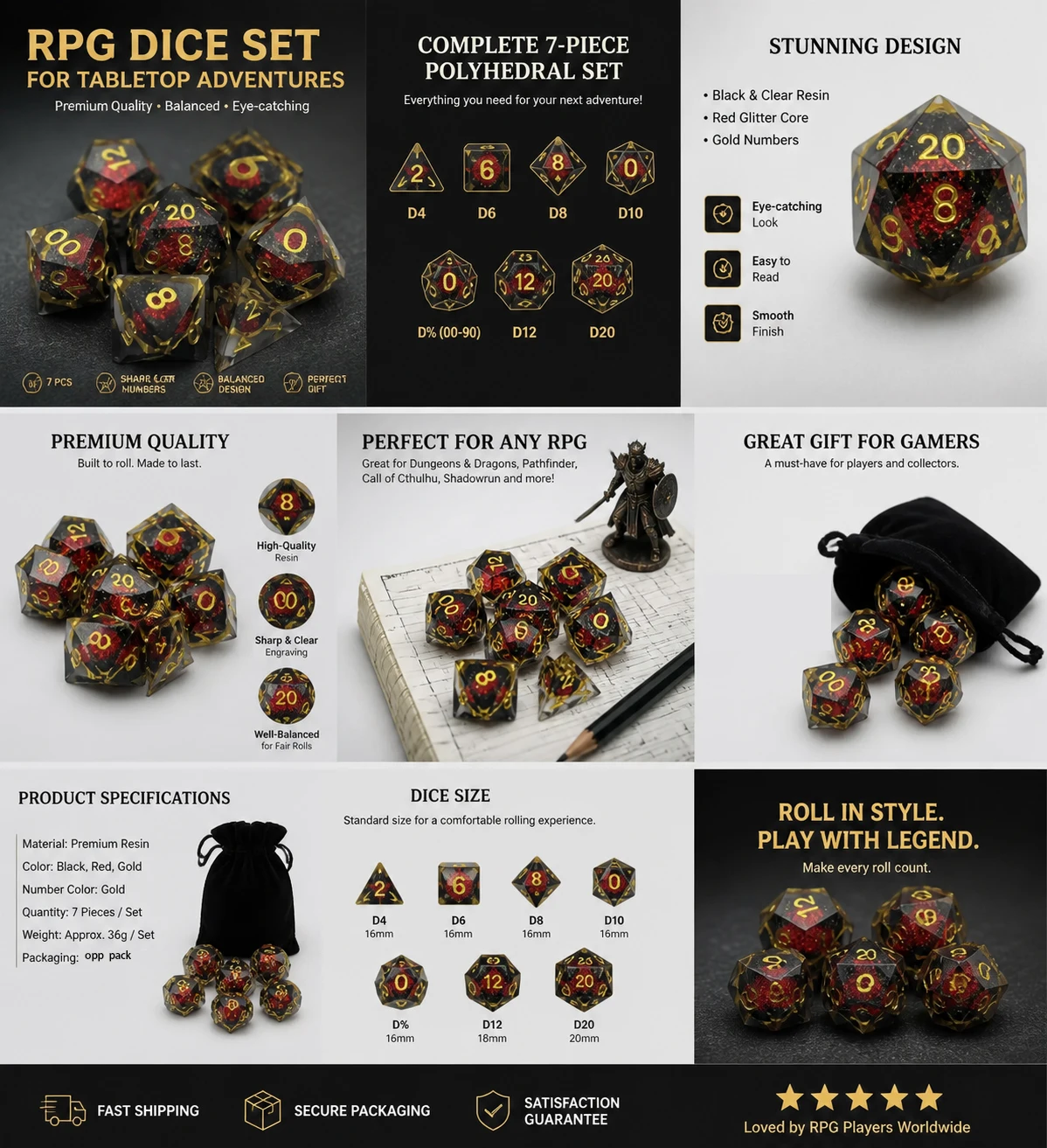 7-piece set of lava-shaped black and red glitter-filled resin polyhedral dice with gold numbers, transparent casing, board game dice, DND Dungeons & Dragons TRPG Cthulhu RPG props, player collectibles, board game gifts