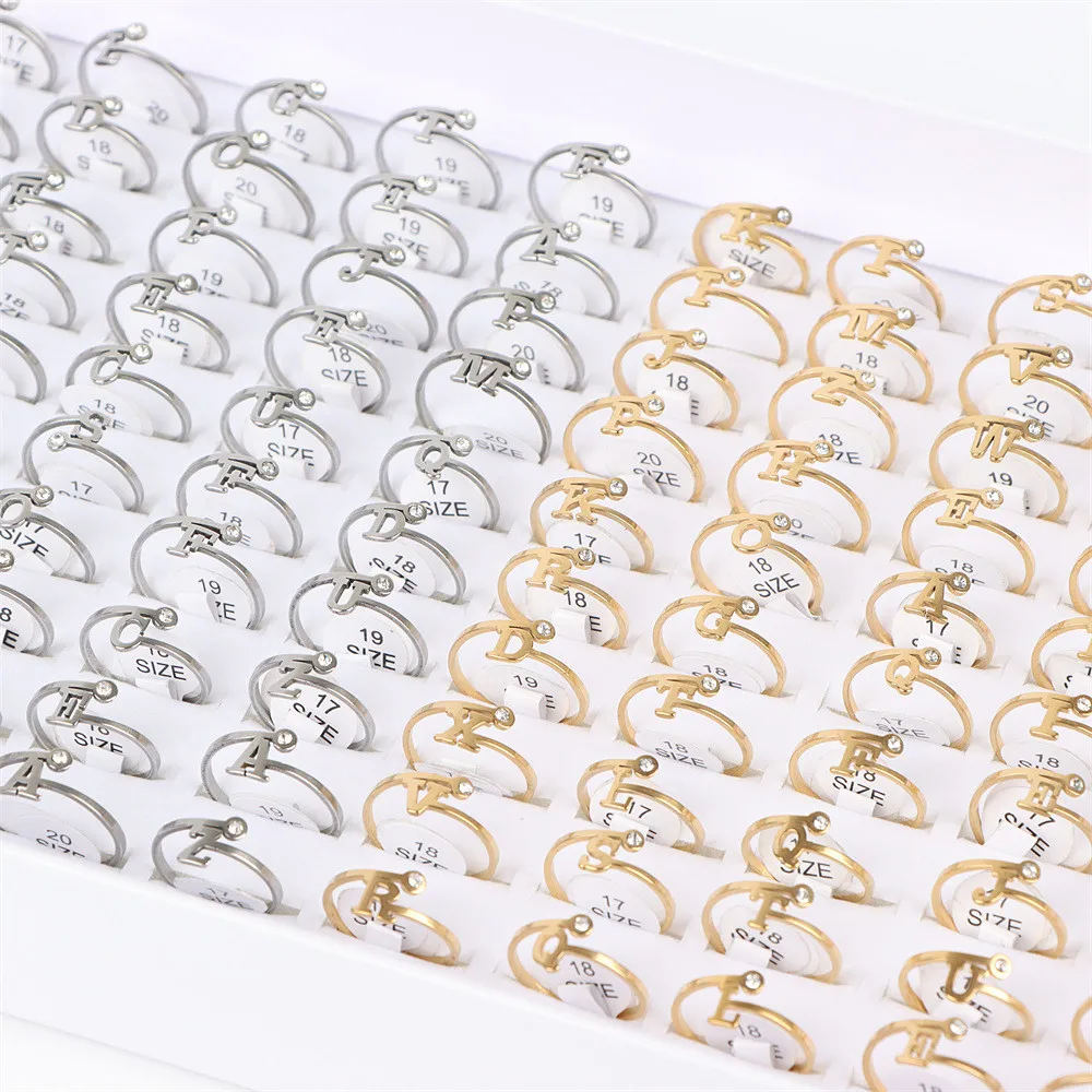 

50pcs/lot Fashion Letter Stainless Steel Rhinestone Crystal Silver Gold Color Rings For Women Men Wedding Jewelry Party Gifts