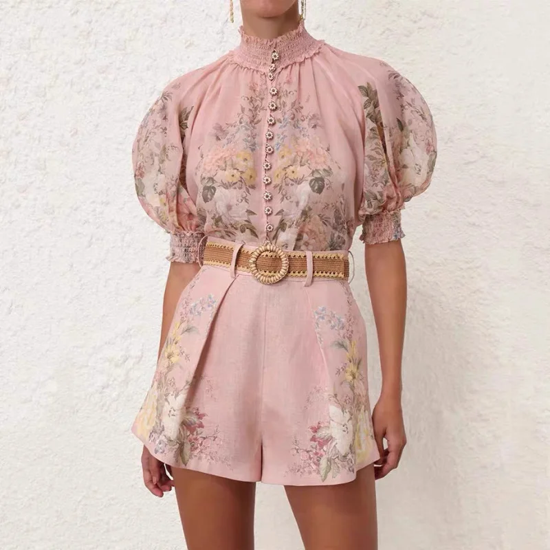 

2024Summer New Printed Single-Breasted Cotton and Linen High-End Puff Sleeve Shirt Shorts with Belt Guangzhou Thirteen Rows