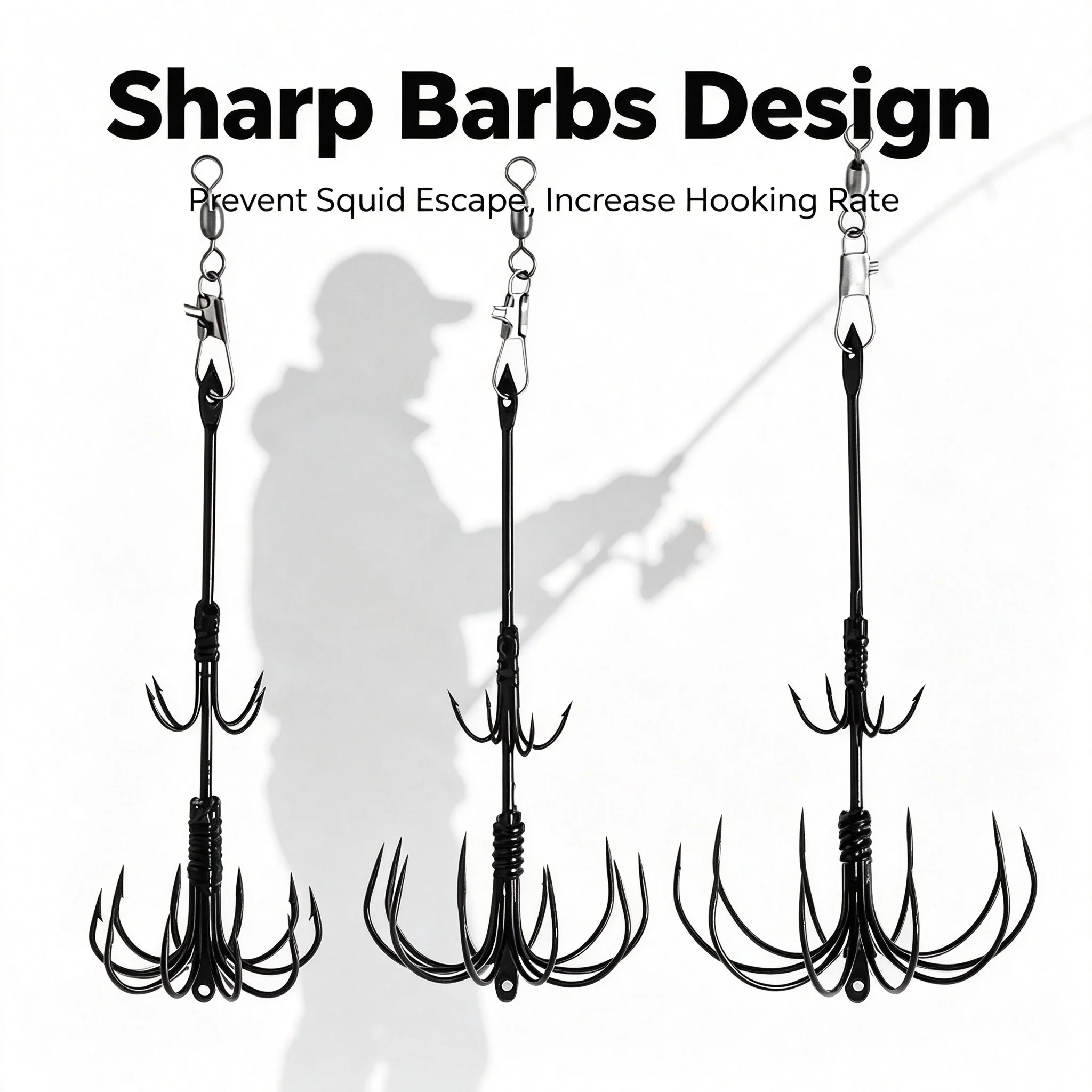 Stainless Steel Multi Prong Barbed Squid Jig Hook with Swivel Snap Fast Connector Anti-Slip Barb Design for Offshore Angling