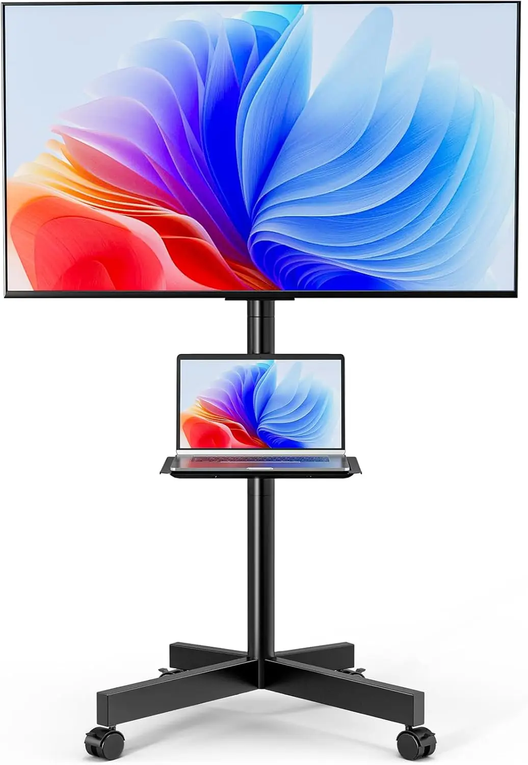 

Универсальная передвижная подставка для телевизоров с диагональю экрана 23-65 дюймов, регулируемая по высоте, с наклонным креплением и полкой, выдерживает до 110 фунтов.