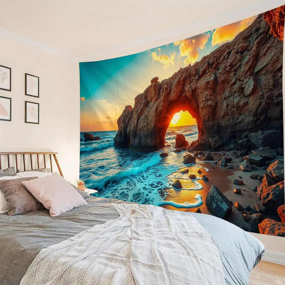 

Island Landscape Tapestry, Beach Palm Trees, Dusk Waves, Hawaiian Waters, Suitable for Living Room and Home Decor
