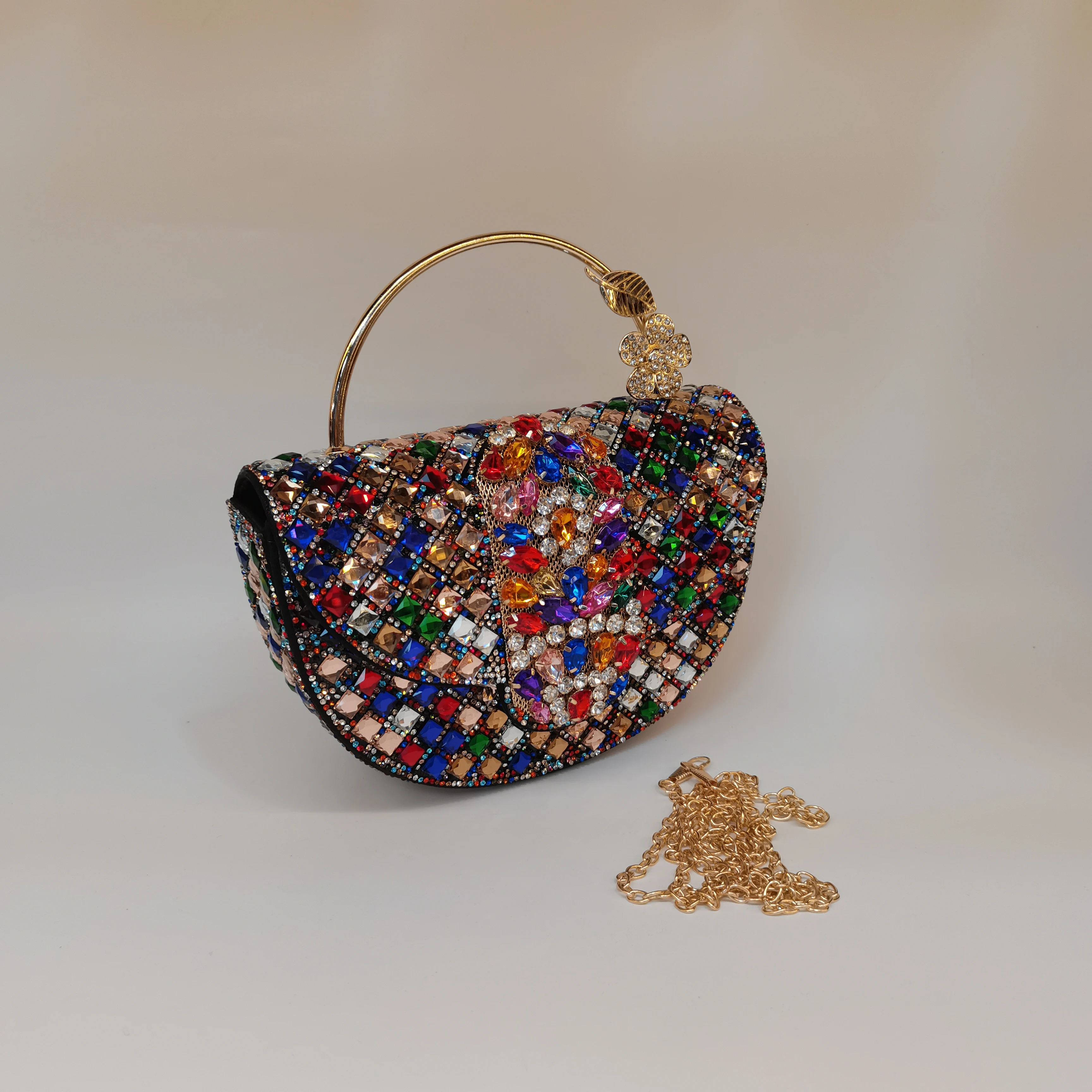 

Vintage Style New Women Rhinestones Evening Bags Golden Metal Chain Shoulder Bag Lady Clutch Party Bag Dumplings Bag F5-1128-1