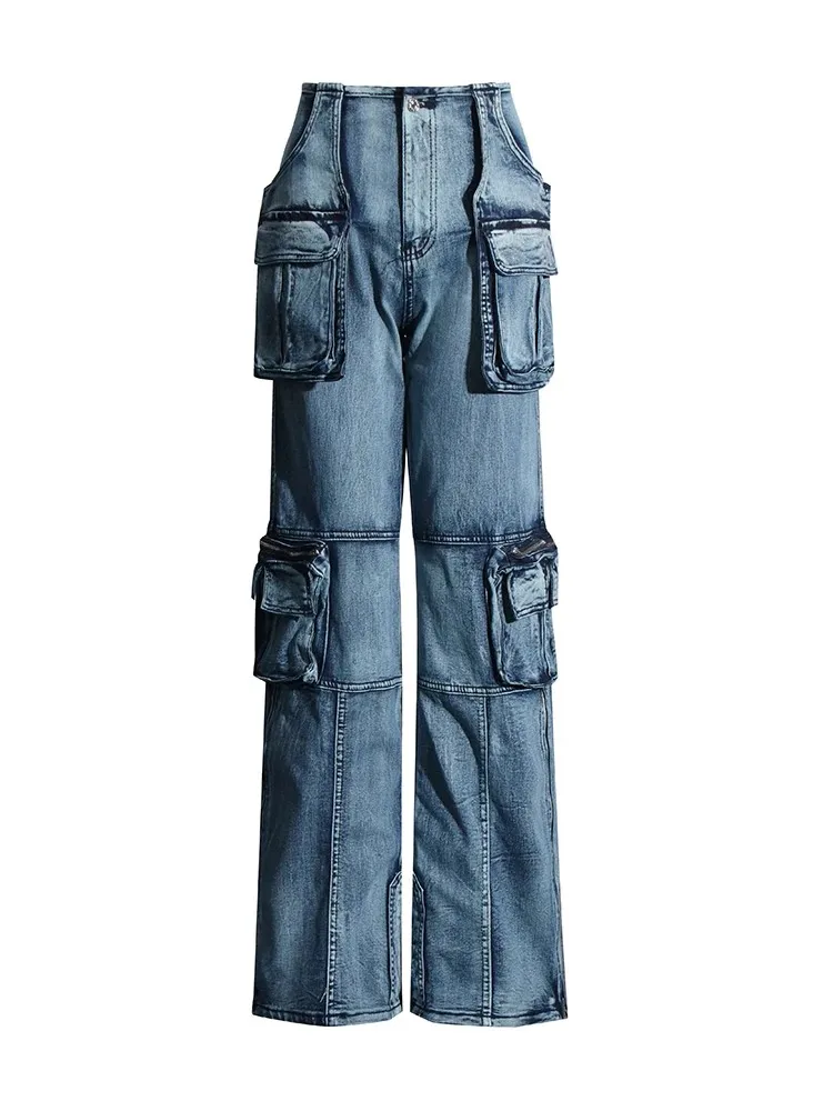 ONEINALL Patchwork Pockets Denim Pants For Women High Waist Spliced Zipper Streetwear Hit Color Cargo Jeans Female Spring New