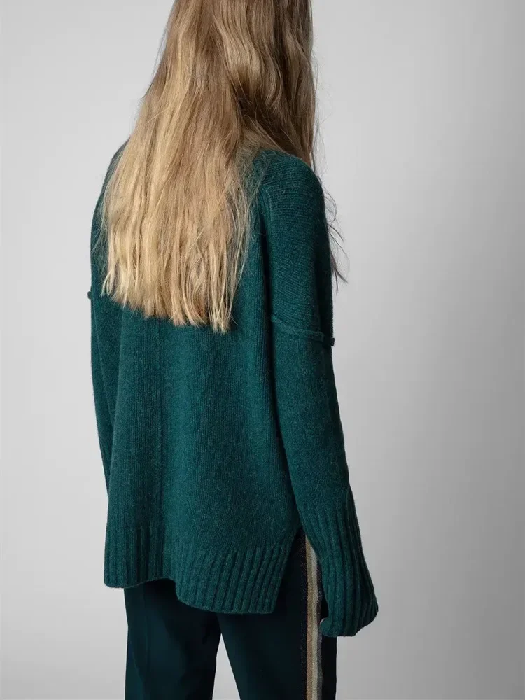 100% de lana para mujer, jersey con puños y abertura, suéter con estampado de letras, manga larga, moda, Tops