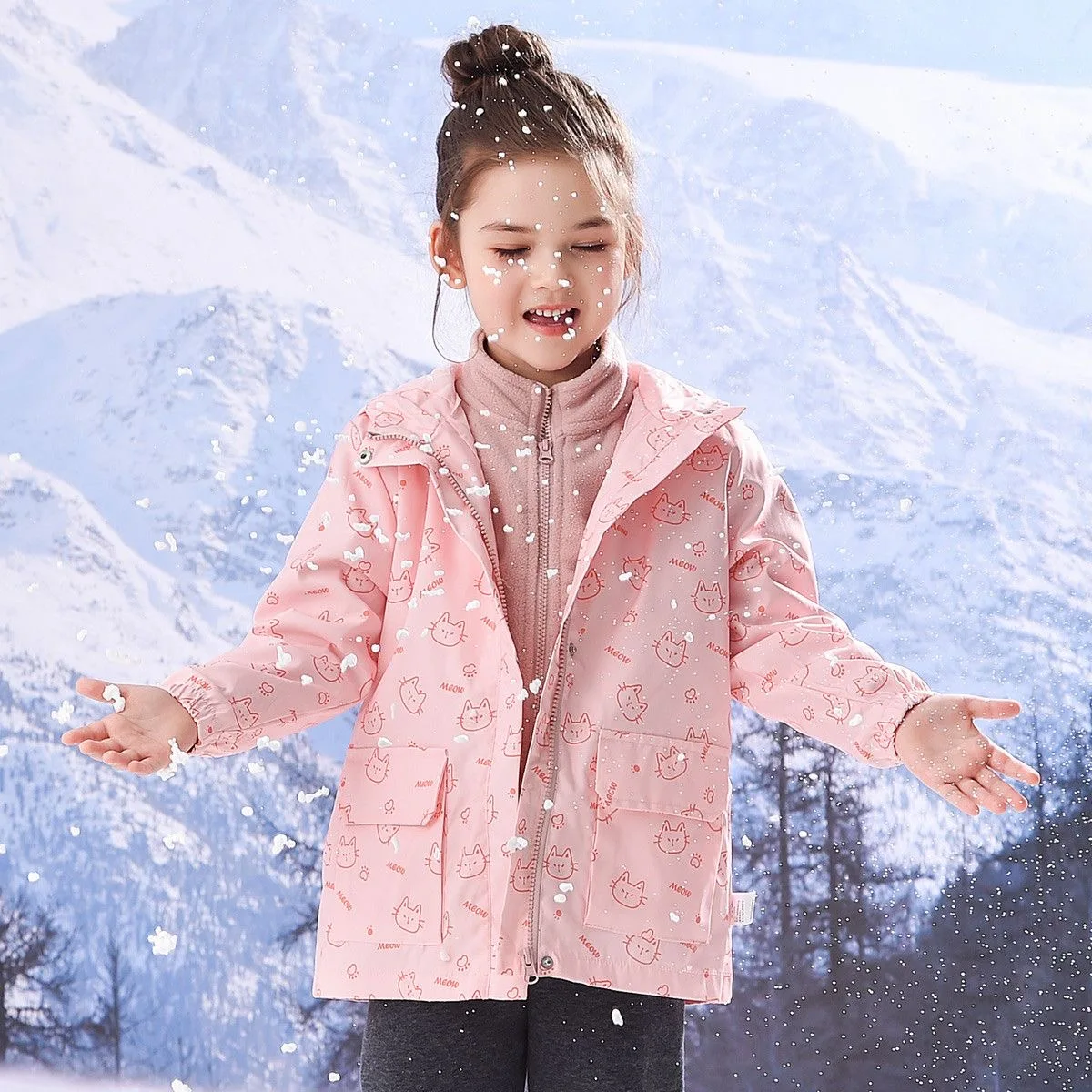 Dubbped Girls Boys Windbreaker Kids Fleece Lined Hooded Rain Jacket Teens Windproof Elastic Waist Cartoon Printed Trench Coat