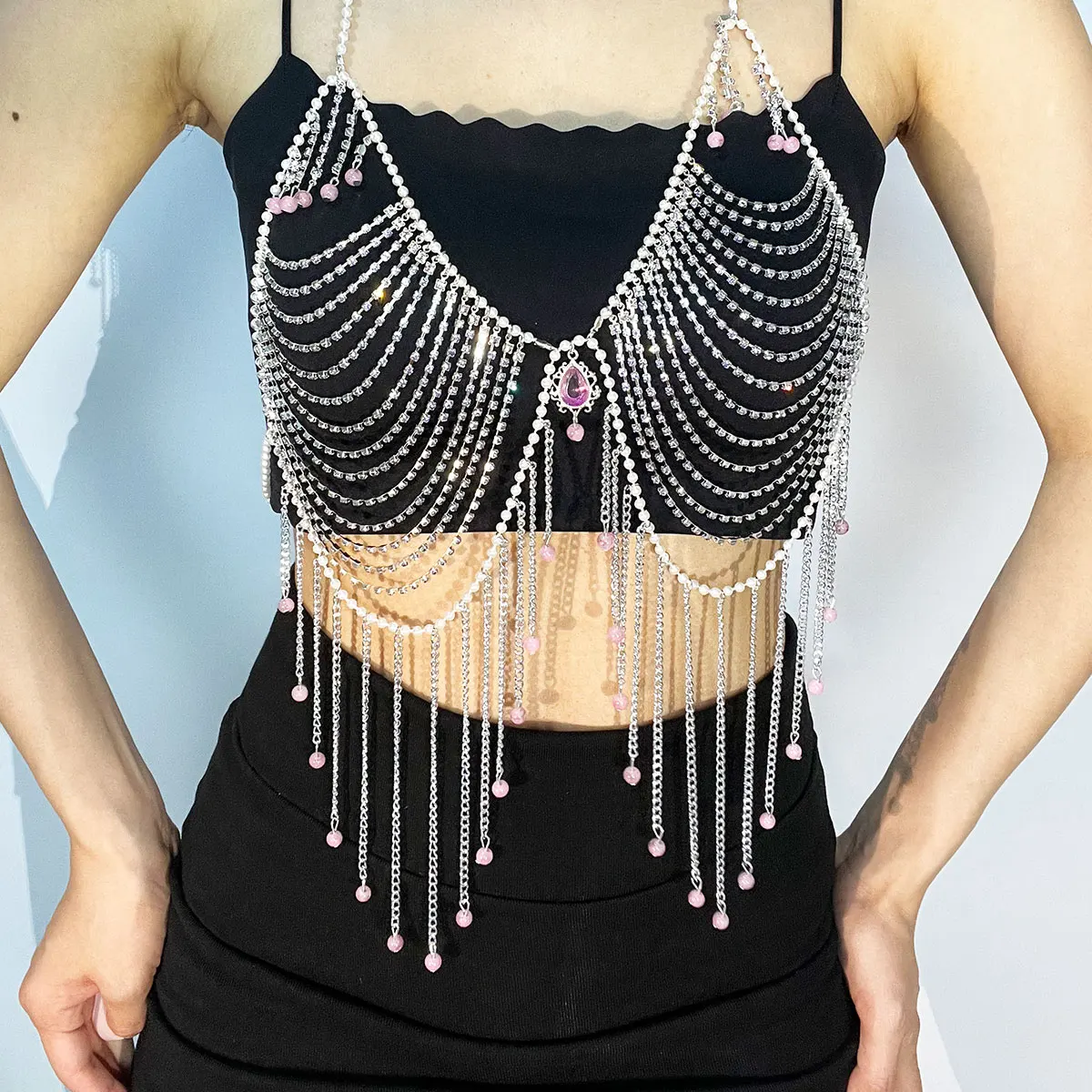 Stylish Rhinestone Bra Jewelry Sexy Simulated Pearls Beads Tzitzit Body Chain Stage Show Banquet Dress Chain