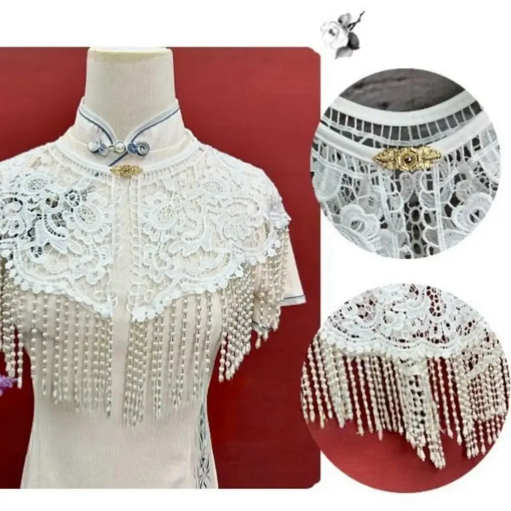 Elegant Design Cheongsam Shawl Detachable Lace Trim Vintage Lace Shawl Handmade False Collar Pearl Tassel Shawl Hanfu Accessory