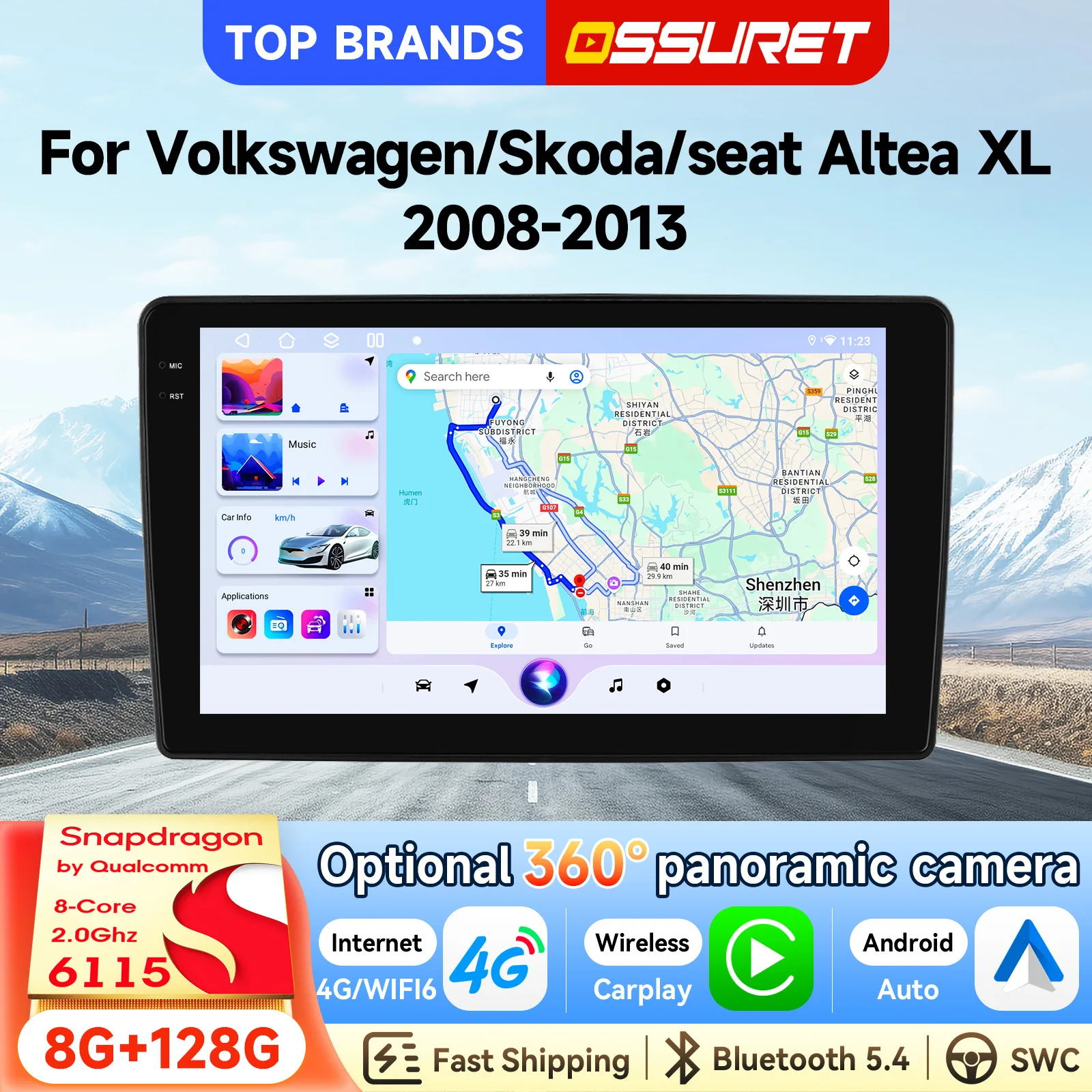 OSSURET Schneller Versand GPS-Navigation 10,1 Zoll 2 Din Android 15 Autoradio für Volkswagen Golf/Scirocco/Polo/Scirocco für Skoda Octavia/Fabia/Superb für Seat Altea/Toledo/Leon Autoradio CarPlay SWC
