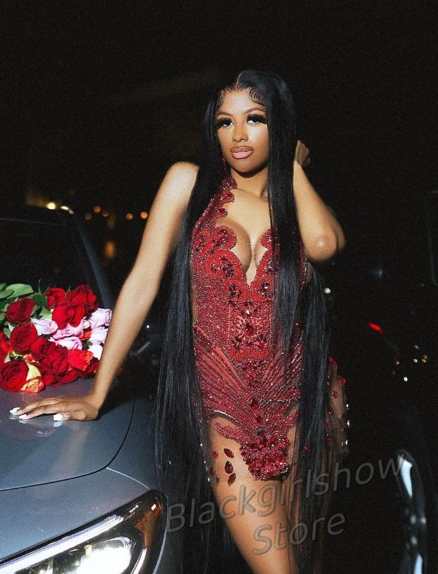 Robe de cocktail courte rouge diamant pour filles noires, paillettes sexy, perlée, cristal, biscuits, luxe, éducatif, personnalisé, 2025