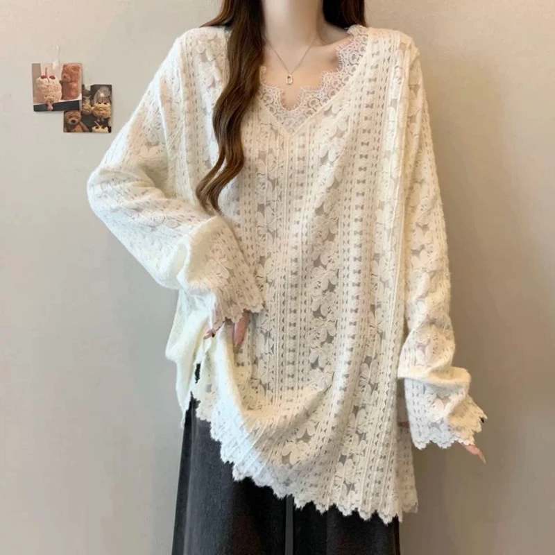 V Neck Lace Patchwork Loose Lazy T Shirts New Spring Autumn Solid Long Sleeve Simplicity Korean Tops Fashion Trend Women Clothes