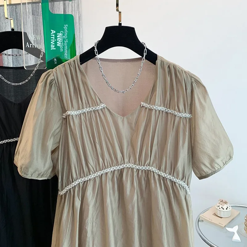 Ele v-ne dr feminino verão novo solto plus size saia evasê emagrecimento fibra de poliéster ort sve casual dr