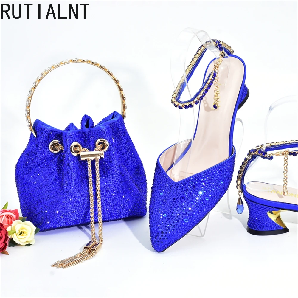 Latest Party Shoes and Bags To Match for Nigerian African Bag Shoe Set Decrated with Rhinestone Wedding Shoes Bride