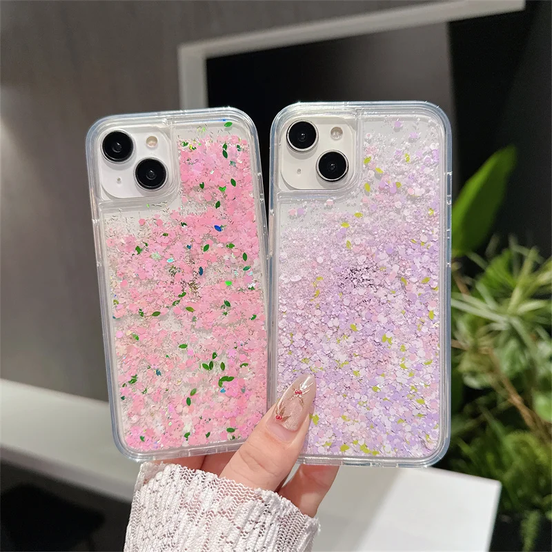 Floating Small Floral Mini Decoration Liquid Case Cover for iPhone 15 14 Pro Max 13 Shell Hard Clear Color Flowers Funda Carcasa