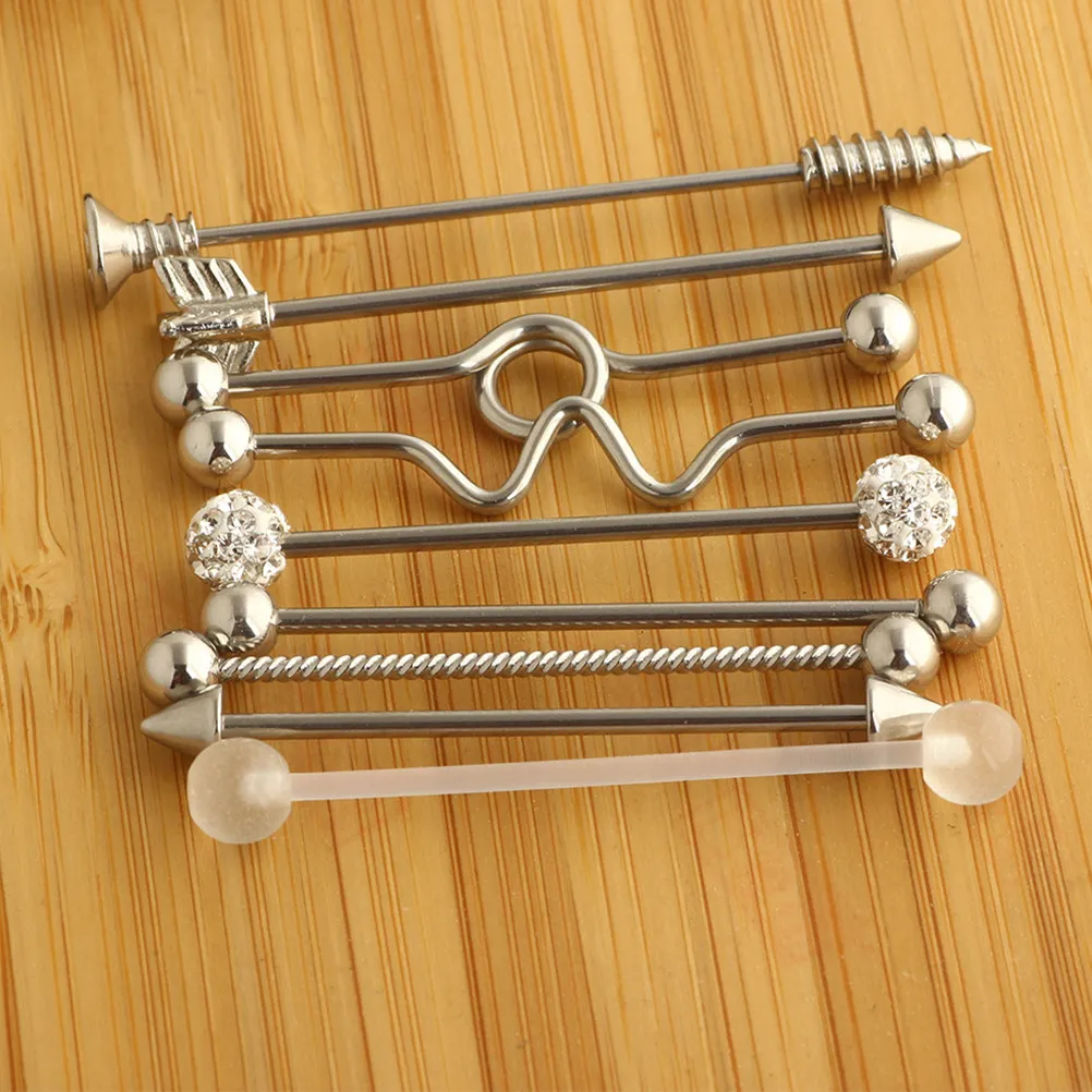 9Pcs Ear Studs Set Rust Resistant Fade Proof Rhinestone Acrylic Stainless Steel Barbell Ear Jewelry Arrows Screw Industrial