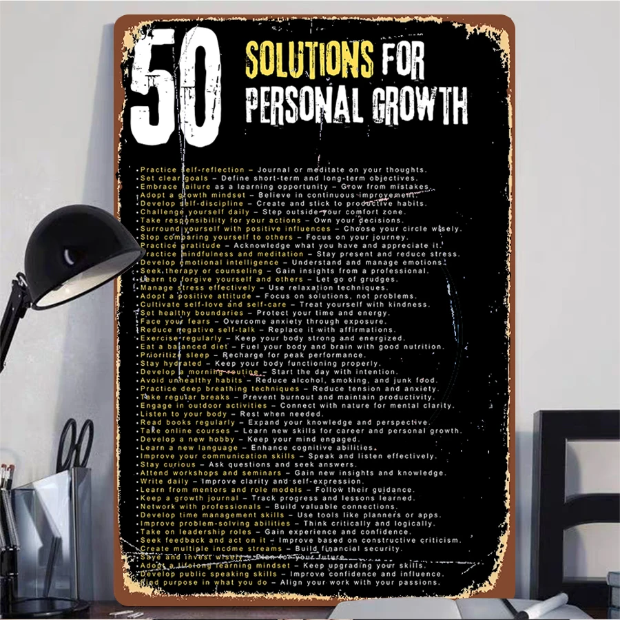 50 Solutions for Personal Growth Inspirational Metal Wall Art Home Office Decor Positive Quote Poster