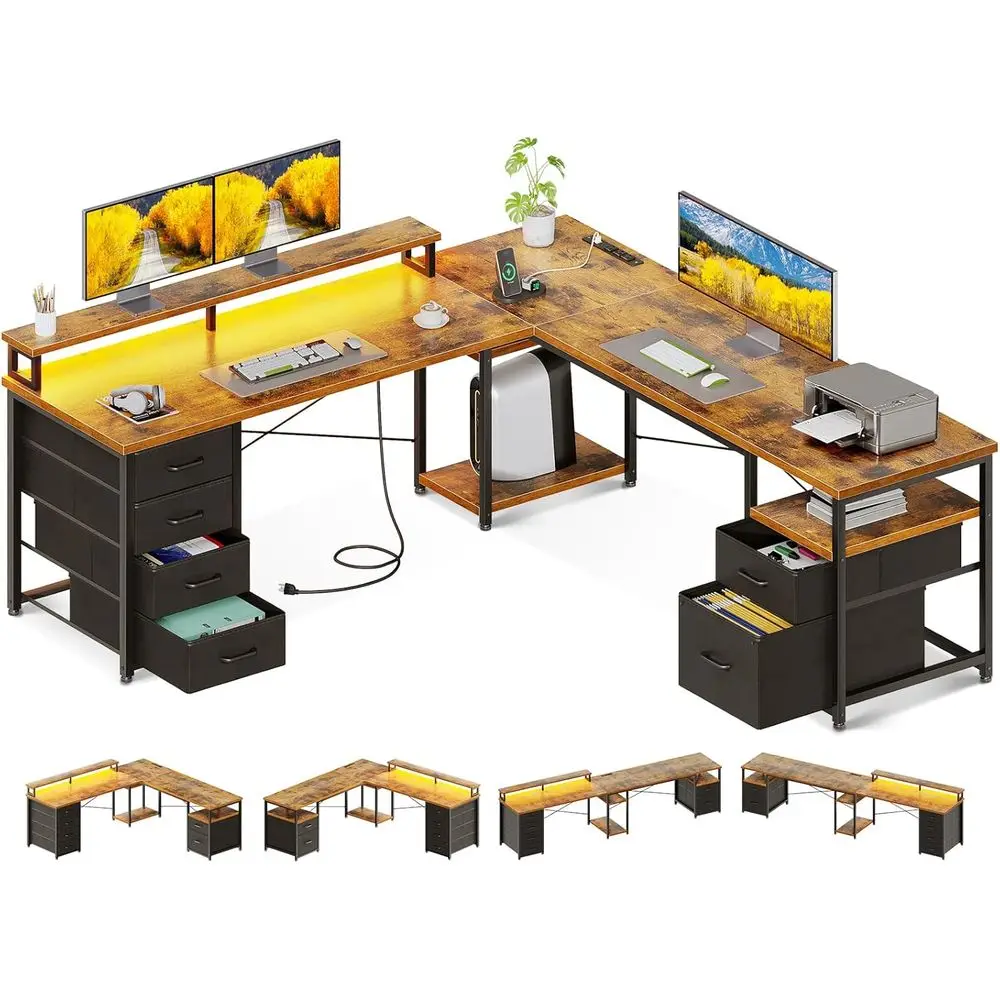 

L Shaped Computer Desk, 113 Reversible Home Office Desk with File Cabinet & 4 Fabric Drawers, Two Person Desk with LED Lights &
