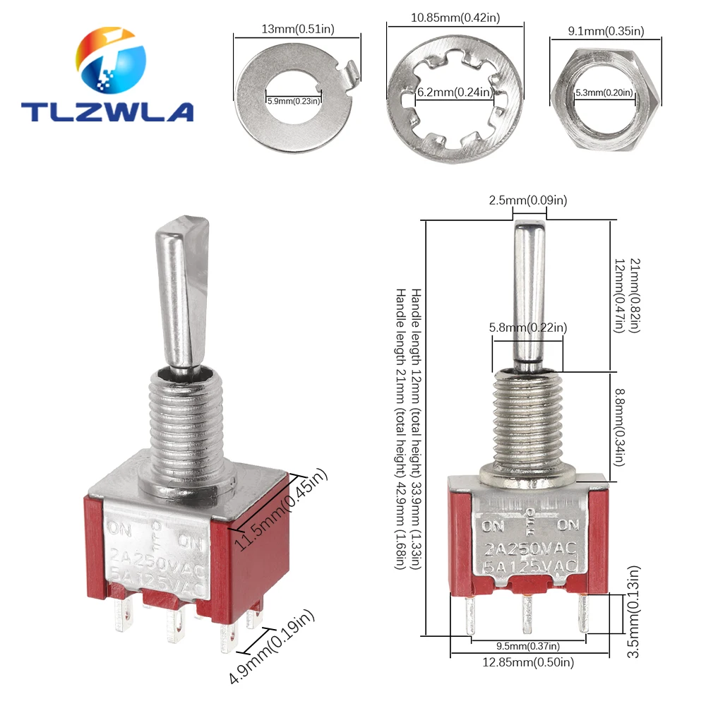 6mm Flat Handle Toggle Switch 3/6Pins ON-OFF-ON