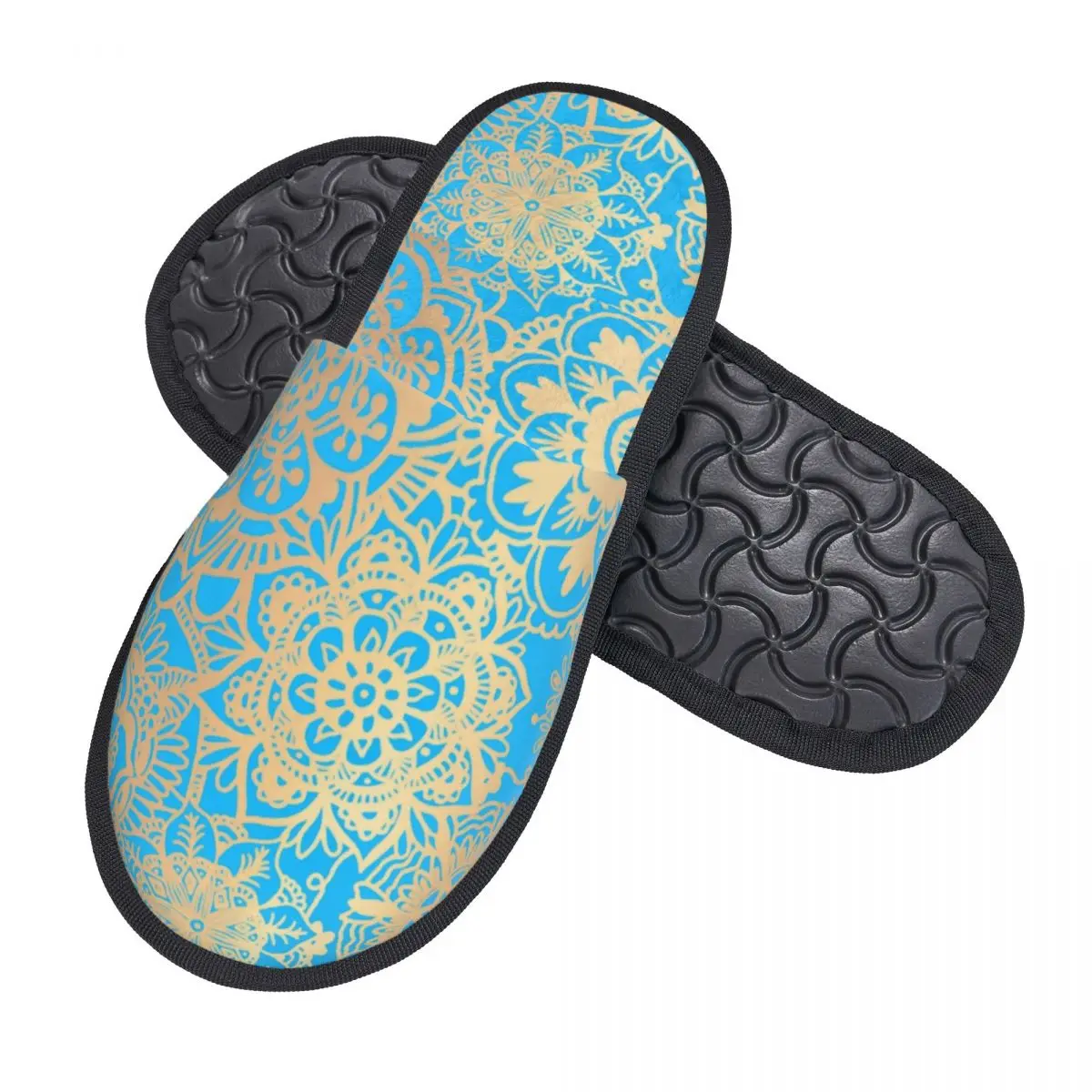 Light Blue And Gold Mandala Pattern House Slippers Women Cozy Memory Foam Buddha Buddhism Flower Slip On Bedroom Slipper Shoes