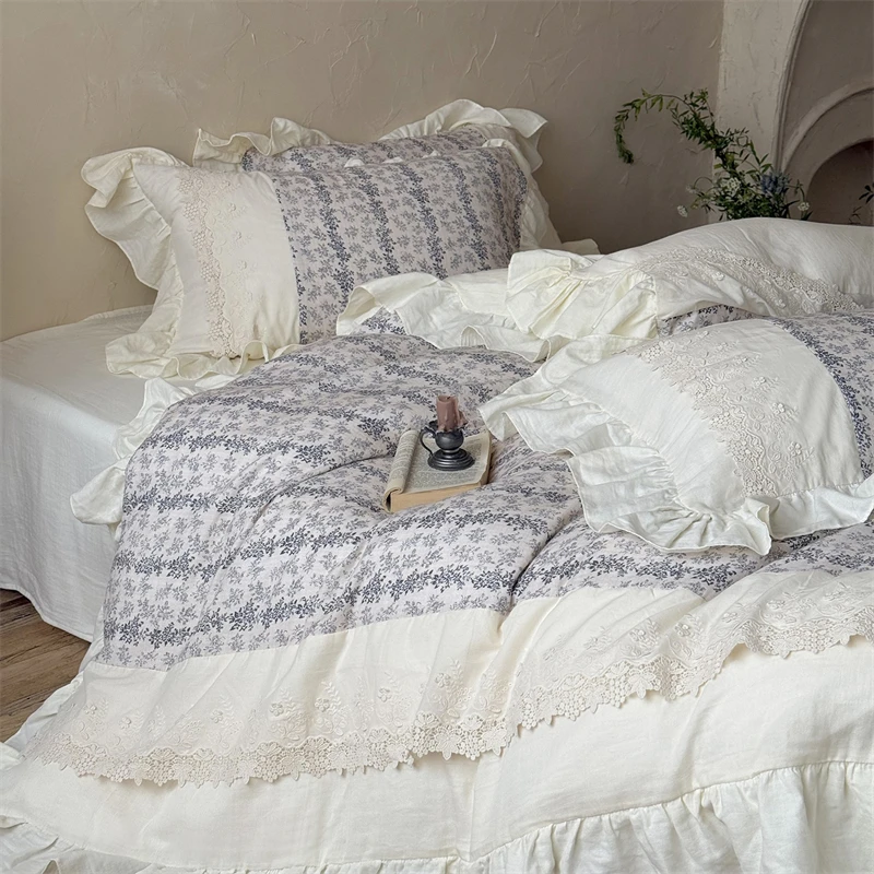 Vintage French Prints Lace Ruffles Bedding Set Double Layer Yarn 100% Cotton Duvet Cover Flat/Fitted Bed Sheet Pillowcases 4Pcs