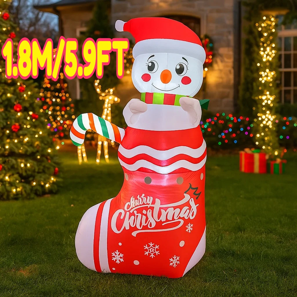1.8M/5.9FT Inflatable Snowman with Christmas Stocking Lights LED Home Decoration Toy Yard Xmas Holiday Supplies Party Decoration