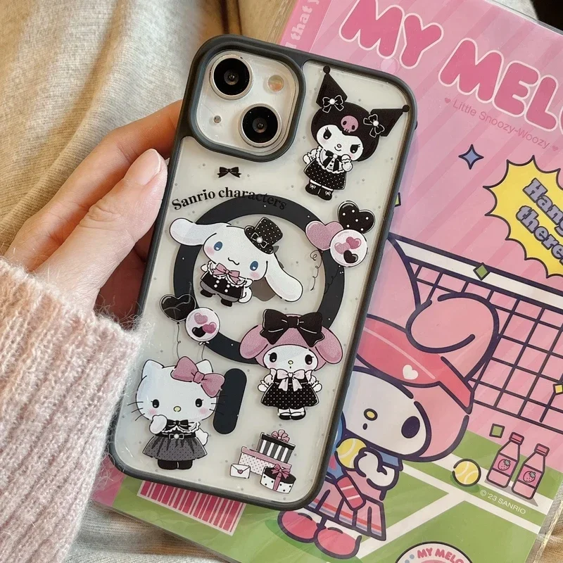 Sanrio Y2K Hello Kitty Melody Kuromi Magnetic Bracket Magsafe Wireless Charge Phone Case For iPhone 16 15 14 13 12 Pro Max Cover