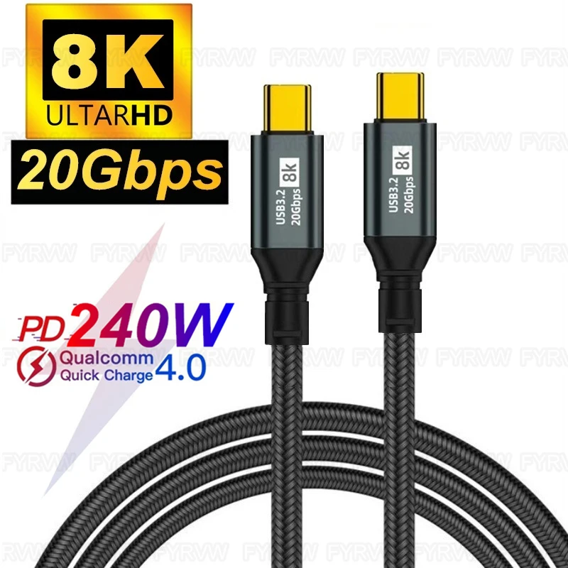 USB C to USB C Cable 20Gbps 240W Cable 4K@60Hz Video Monitor PD240W 100W QC4.0 Fast Charger USB C Gen2 Cable 20Gbps for MacBook