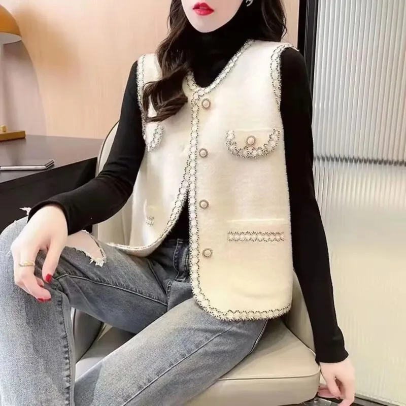 Solid Color Button Pocket Spring and Autumn Cardigan Versatile Vest Sleeveless Jacket Fashion Top