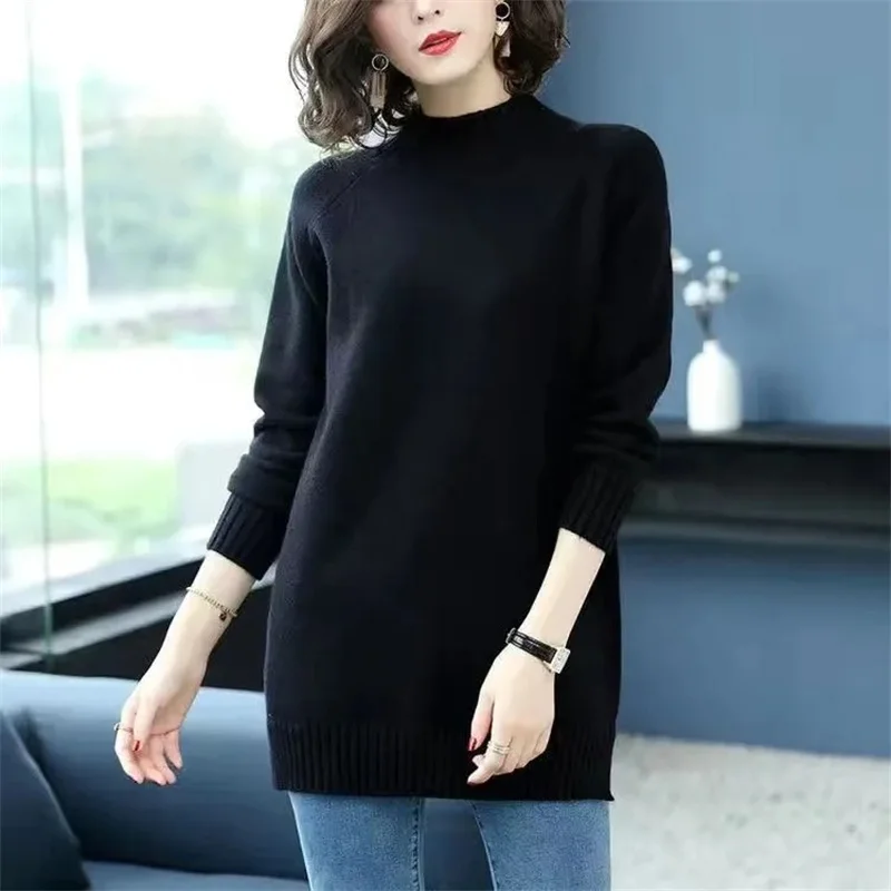 Autumn Winter Female Round Neck Short Knitting Ladies Mid Length Version Pullover Sweater Women Versatile Loose Fitting Knitwear