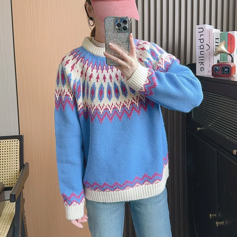 

Fashion New Autumn Winter Loose Patchwork Sweater Round Collar Pullover Knitting Bottoming Top Women's All-match Tops CQ390