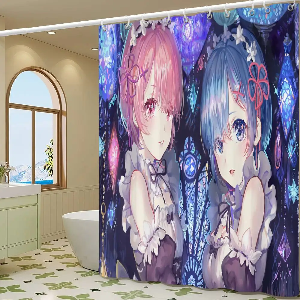 Anime Re Zero Rem Gaming White Shower Curtain, Bathroom Decorative Shower Curtain, Waterproof Shower Curtain With Hooks