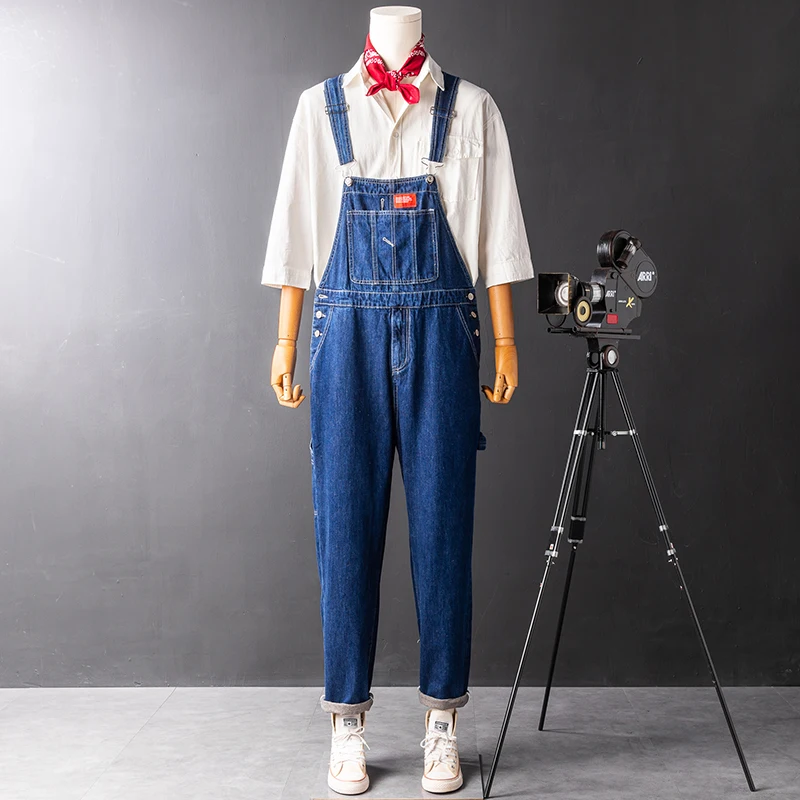 

Retro American Denim Overalls Men's Trendy Straight Loose Overalls Dark Blue Jeans Color Youth Casual Wear Resistant to Dirt