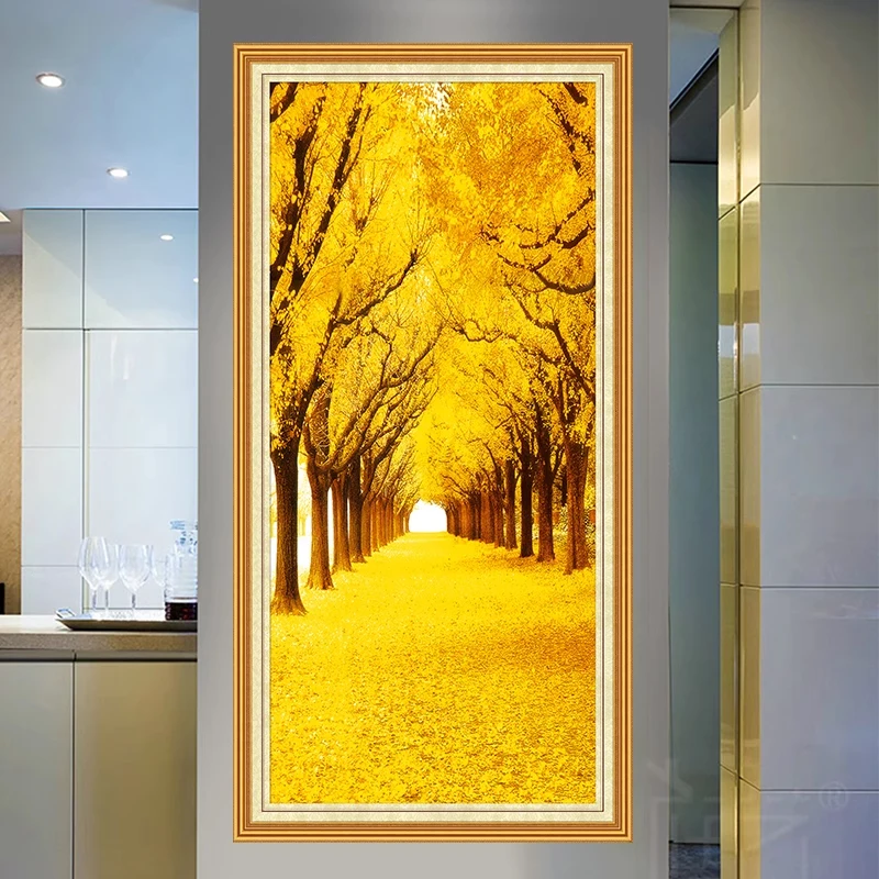 Framed Golden Tree Landscape Canvas Painting, Golden Street, Wall Art Decoration, Living Room, Corridor, Home Decor Poster