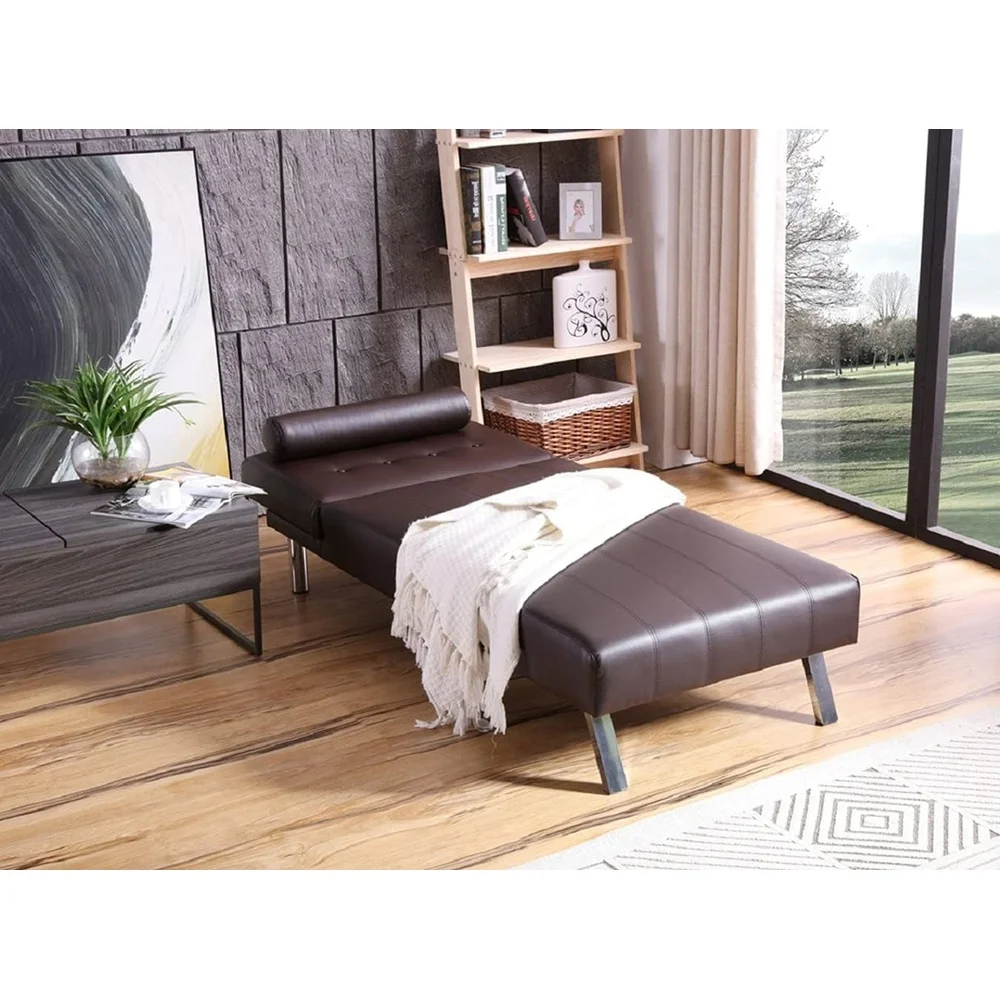 Convertible Chaise Lounge Adjustable Futon Sleeper Faux Leather Button Tufted Back Modern Design with Lumbar Support Pillow