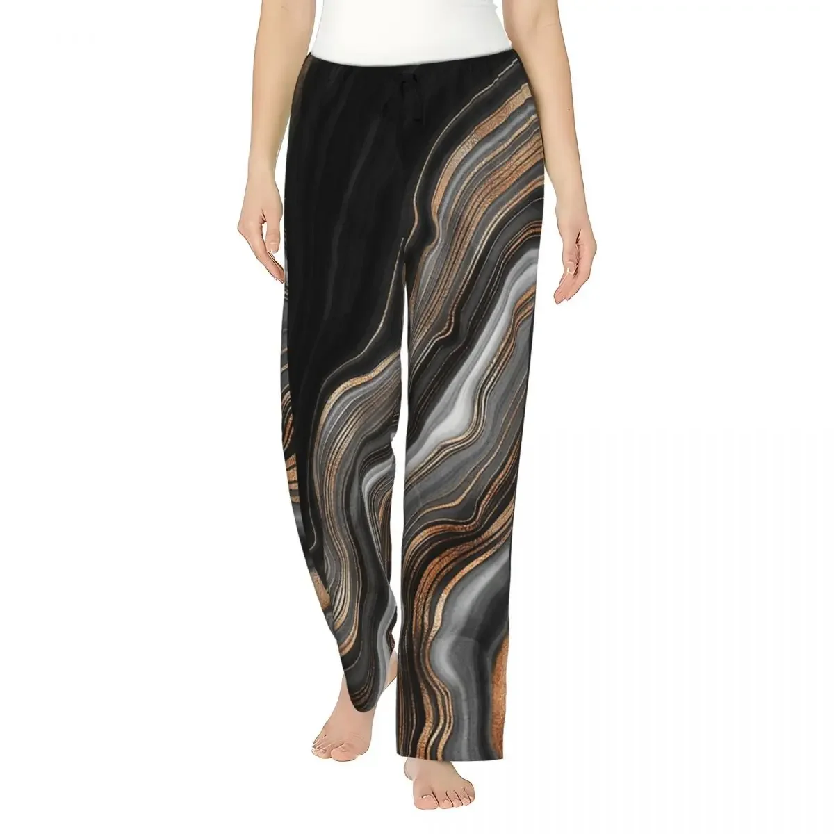 Custom Elegant Black And Gray Faux Marble With Gold Veins Women Pajama Pants Lounge Sleep Sleepwear Bottoms with Pockets