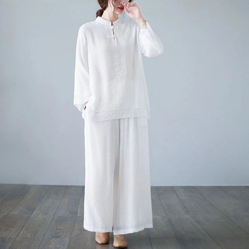 

Summer Women's Cotton and Linen Stand-up Collar Long-sleeved Top Wide-leg Pants Two-piece Solid Color Set Tea Clothing