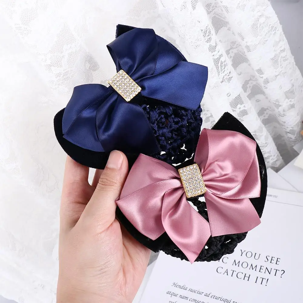 Sweet Vintage Big Bow Zircon For Girls Hotel Hairgrips Cover Net Ponytail Clip Women Spring Clips Korean Bun Snood