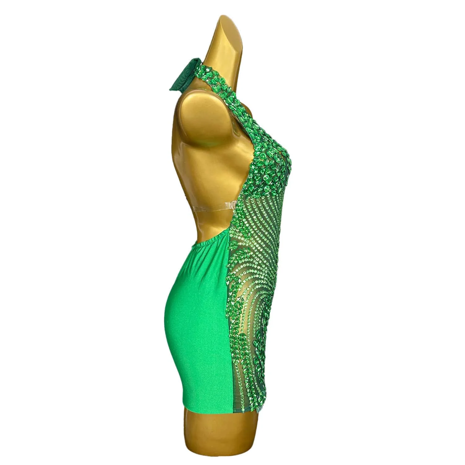 Meilv-vestido de noche con espalda descubierta para mujer, traje de fiesta de cumpleaños con diamantes de imitación verdes transparentes, ropa de escenario corta para cantante