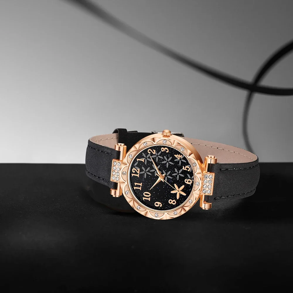 طقم ساعات نسائية سوداء مكونة من 6 قطع، طقم أقراط كوارتز بمقياس رقمي عصري وسوار وسوار وقلادة هدية مثالية