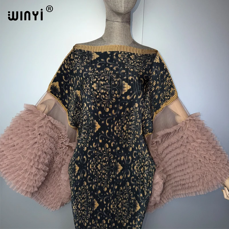 WINYI Slim Fit Pleated Elastic Kaftan Abaya Dress for Muslim Women Dubai Style Luxury Beach Cover up Evening Party Crimping Desi