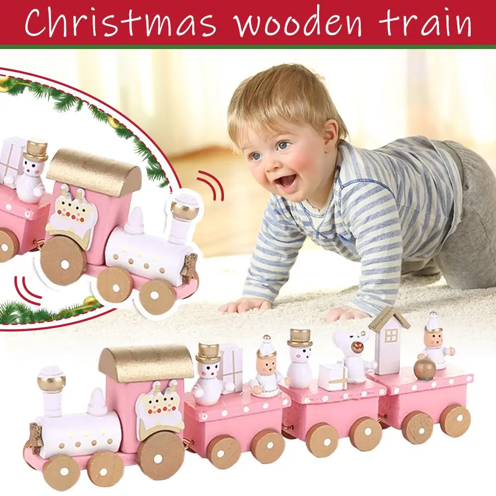 Holzeisenbahn, rosa, 4 Wagen, kleines Weihnachtsgeschenk, Weihnachtsdekoration für Kinder, Geschenk, niedliches Holzhandwerk, Spielhaus, Spielzeug