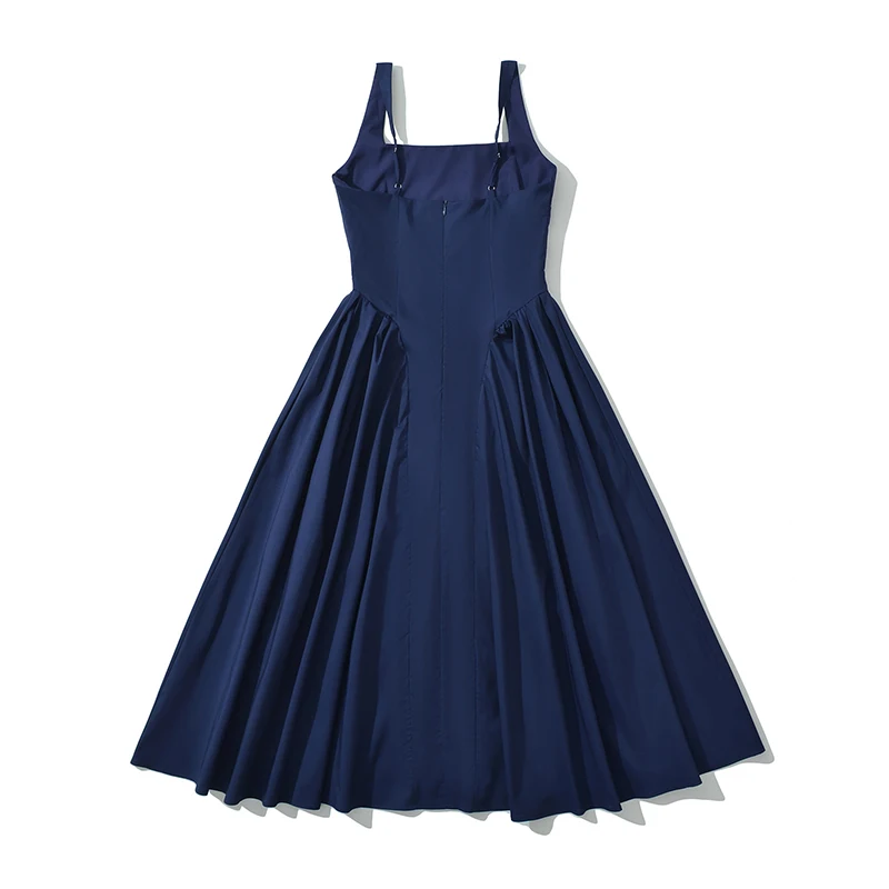 YENKYE Women Sexy Elegant Navy Blue Tank Dress Square Neck Low Waist A-line Midi Evening Party Dresses Summer Robe 2025