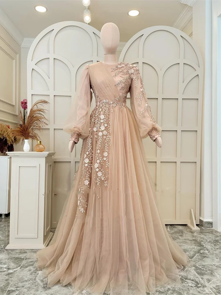 Elegant Champagne Muslim A-Line Tulle Wedding Guest Evening Cocktail Prom Homecoming Dresses for Bride Special Occasion