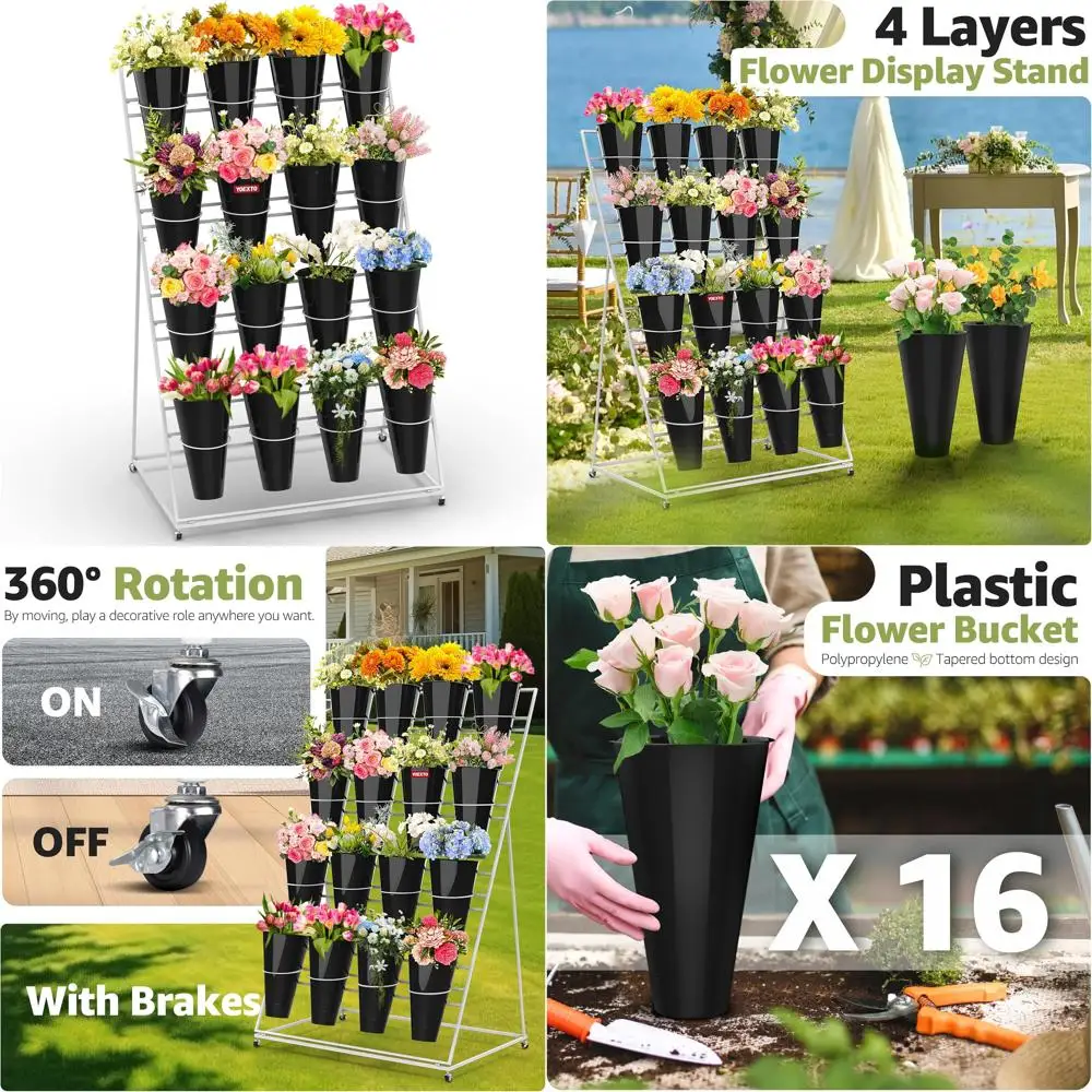 

4-Tier Metal Plant Stand with 16 Round Buckets, Mobile Garden Stand for Outdoor Spaces
