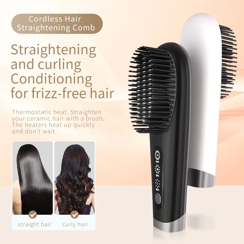 wireless charging negative ion hair straightener,charging hair straightener, roll and straighten dual-purpose electric comb